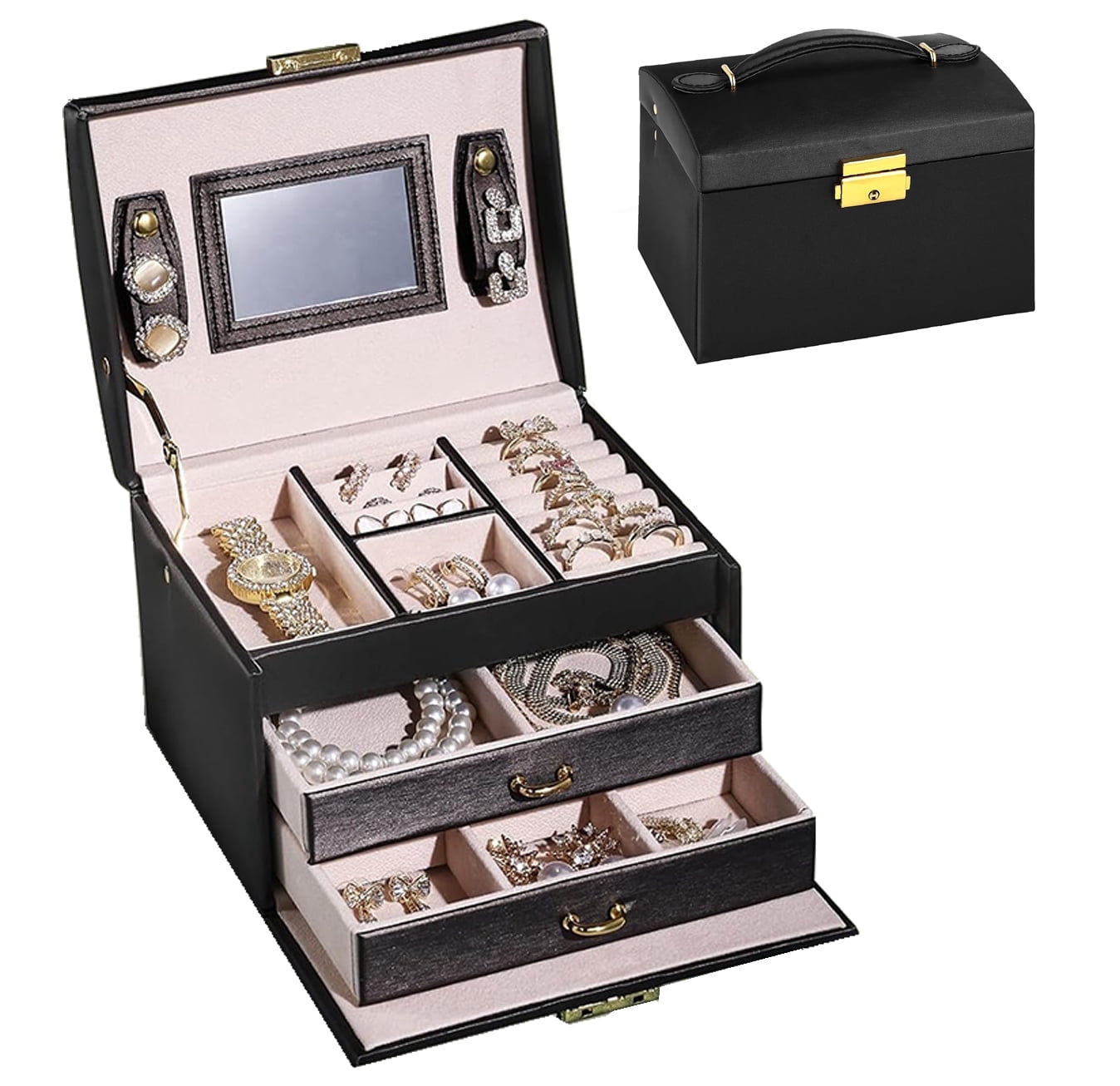 3 Layer Jewelry Box For Women Girls Black Jewelry Organizers And 3-layer-jewelry-box-for-women-girls-black-jewelry-organizers-and