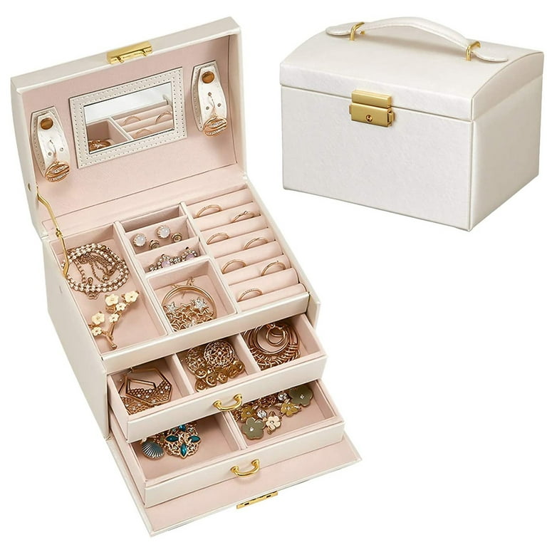 Jewelry Box, 3 Layers Travel Jewelry Organizer Box with Lock & Mirror,  Portable Jewelry Case Storage for Earrings Necklaces Bracelets Rings
