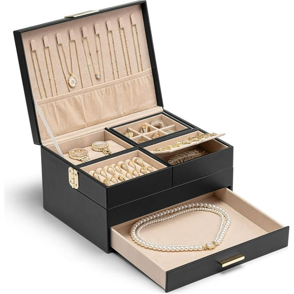 3 Layer Jewelry Box - Women Jewelry Box with Retractable Tray - Jewelry Organizers with Drawer for Necklaces, Rings, Bracelets, Earrings, Gift for Couples Mom Girls - Black