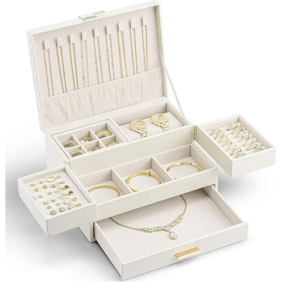3 Layer Jewelry Box - Women Jewelry Box with Retractable Tray - Jewelry Organizers with Drawer for Necklaces, Rings, Bracelets, Earrings, Gift for Couples Mom Girls - Could White