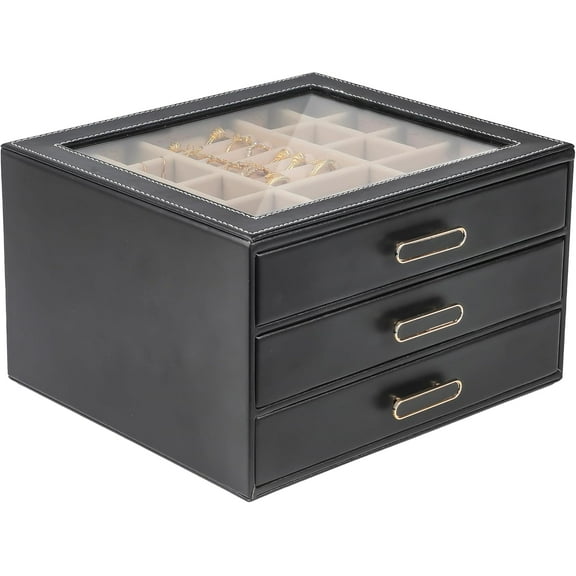3 Layer Jewelry Organizer Box with Glass Lids & 3 Drawers - Elegant Storage Solution for Necklace, Rings，Earrings, and Bracelets - Perfect for Women ASK-301 (Black)