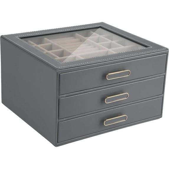 3 Layer Jewelry Organizer Box with Glass Lids & 3 Drawers - Elegant Storage Solution for Necklace, Rings,Earrings, and Bracelets - Perfect for Women ASK-301 (Grey)