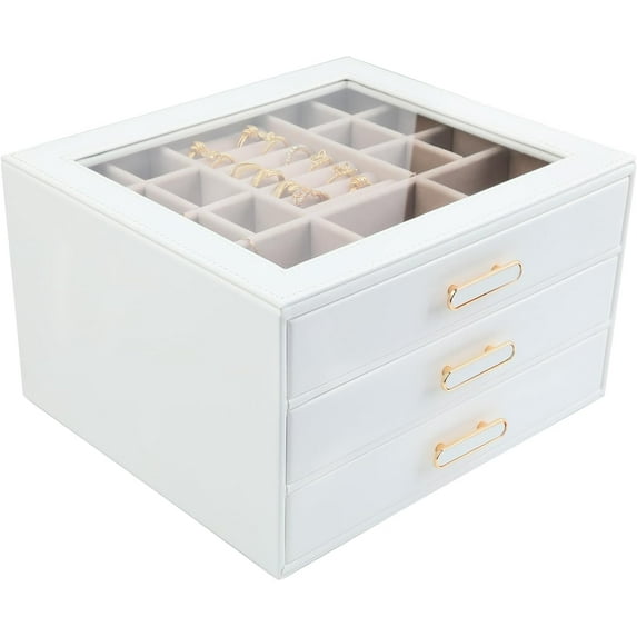 3 Layer Jewelry Organizer Box with Glass Lids & 3 Drawers - Elegant Storage Solution for Necklace, Rings,Earrings, and Bracelets - Perfect for Women ASK-301 (White)