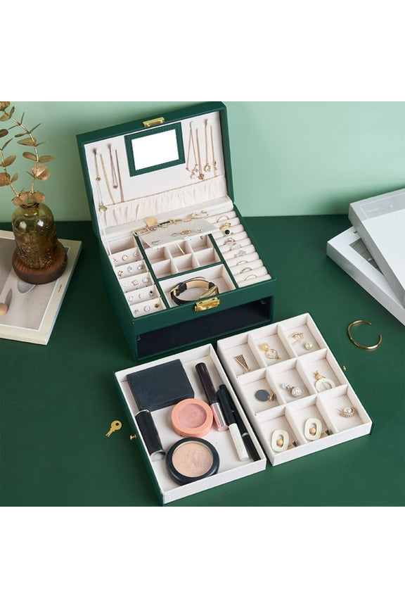 3-Layer Jewelry Storage Box with Lock and Mirror for Girls Women, Leather Jewelry Organizer Cases for Earrings Bracelets Rings, Gift for Birthday, 9.1"x6.7"x5.3", 1 Pack, Green