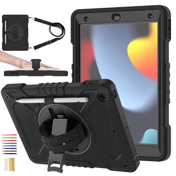 3-Layer Kids Case for iPad 10.2" 2019/2020/2021, Durable Sturdy Protection Silicone PC Case with Swivel Stand, Hand Strap and Shoulder Strap + Pencil Holder with Charging Port Lid - Black