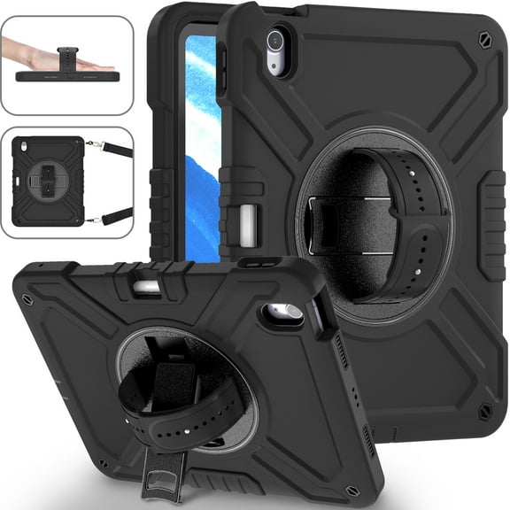 3-Layer Kids Case for iPad Air 6th Gen 11" 2024 M2, Durable Sturdy Protection Silicone PC Case with Swivel Stand, Hand Strap and Shoulder Strap + Pencil Holder with Charging Port Lid - Black