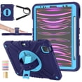 thumbnail image 1 of 3-Layer Kids Case for iPad Pro 11 2022/2021/2020/2018/Air4/Air5, Durable Sturdy Protection Silicone PC Case with Swivel Stand, Hand Strap Shoulder Strap Pencil Holder Charging Port Lid - Navyblue, 1 of 13