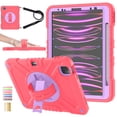 thumbnail image 1 of 3-Layer Kids Case for iPad Pro 11 2022/2021/2020/2018/Air4/Air5, Durable Sturdy Protection Silicone PC Case with Swivel Stand, Hand Strap Shoulder Strap Pencil Holder Charging Port Lid - Redpurple, 1 of 13