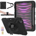 thumbnail image 1 of 3-Layer Kids Case for iPad Pro 11 2022/2021/2020/2018/Air4/Air5, Durable Sturdy Protection Silicone PC Case with Swivel Stand, Hand Strap Shoulder Strap Pencil Holder Charging Port Lid - Black, 1 of 13