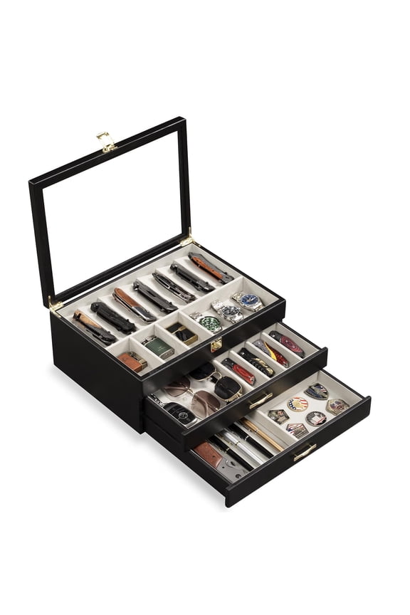 3-Layer Knife Display Case, Knife Collection Display Holder with Glass Lid & Drawers (Black)