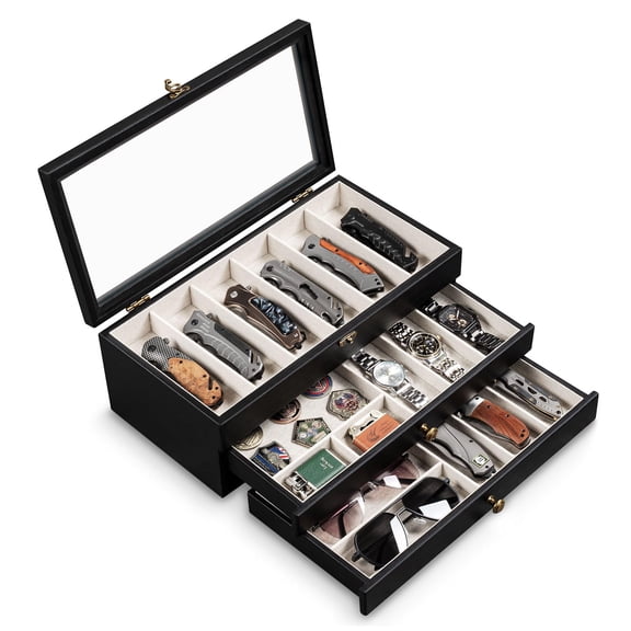 3-Layer Knife Display Case, Knife Collection Display Holder with Glass Lid & Drawers (Black)