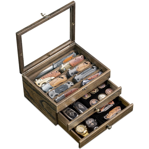 3-Layer Knife Display Case, Knife Collection Display Holder with Glass Lid & Drawers, Light Taupe