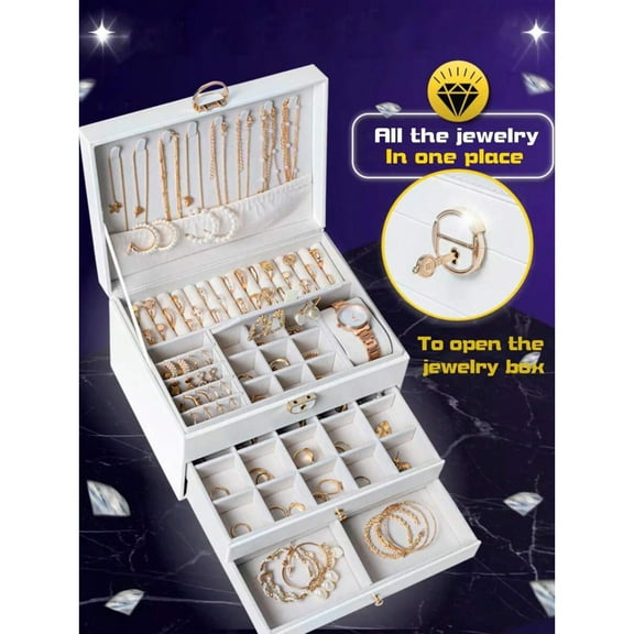 3-Layer Locking Large Capacity Jewelry Storage Box, Portable Jewelry Storage Box, Dresser Jewelry Storage Box With Drawer,Jewelry Storage Case for Necklaces Earrings Bracelets and Rings,White