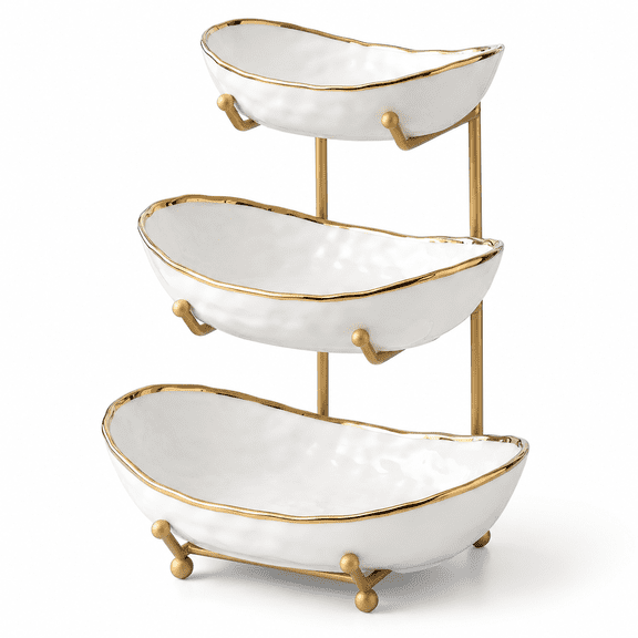 3 Layer Metal & Ceramic Fruit Bowl, Countertop Storage Basket for Snacks, Bread, Candy