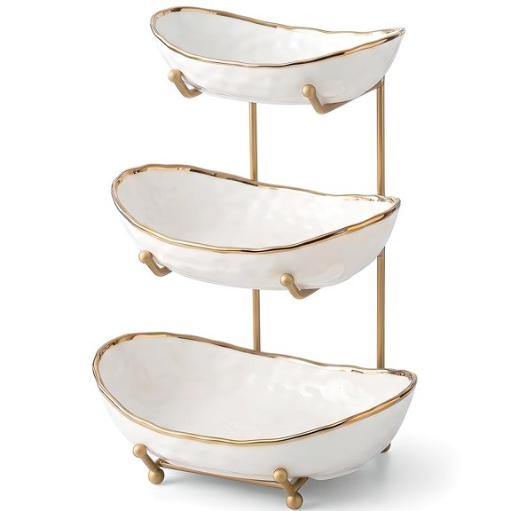 3 Layer Metal Holder Ceramic Fruit Bowl, Countertop Storage Basket for Snacks Nuts Bread Candy