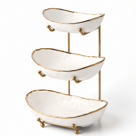 3 Layer Metal and Ceramic Fruit Basket Countertop Storage for Snacks Bread Candy