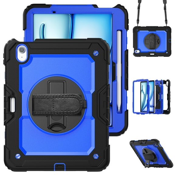 3 Layer Multi-Functional Case for iPad Air 13 2024, for Kids Heavy Duty Protective Case with Screen Protector & Stylus Holder & 360 Rotating Stand and Hand/Shoulder Strap Cover - Blue+Black