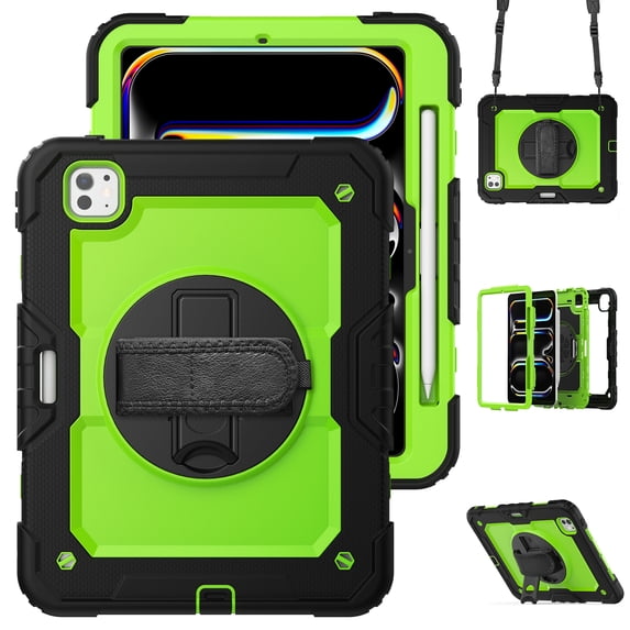 3 Layer Multi-Functional Case for iPad Pro 13 2024, for Kids Heavy Duty Protective Case with Screen Protector & Stylus Holder & 360 Rotating Stand and Hand/Shoulder Strap Cover - Green+Black