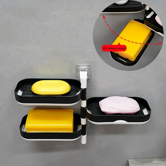 3 Layer Non Punch Soap Box with Drawer, Wall Mounted Rotating Bathroom Organizer, 180 Degree Swivel Soap Dispenser Rack, for Shower Sink Vanity Storage, Multi Functional Draining Shelf