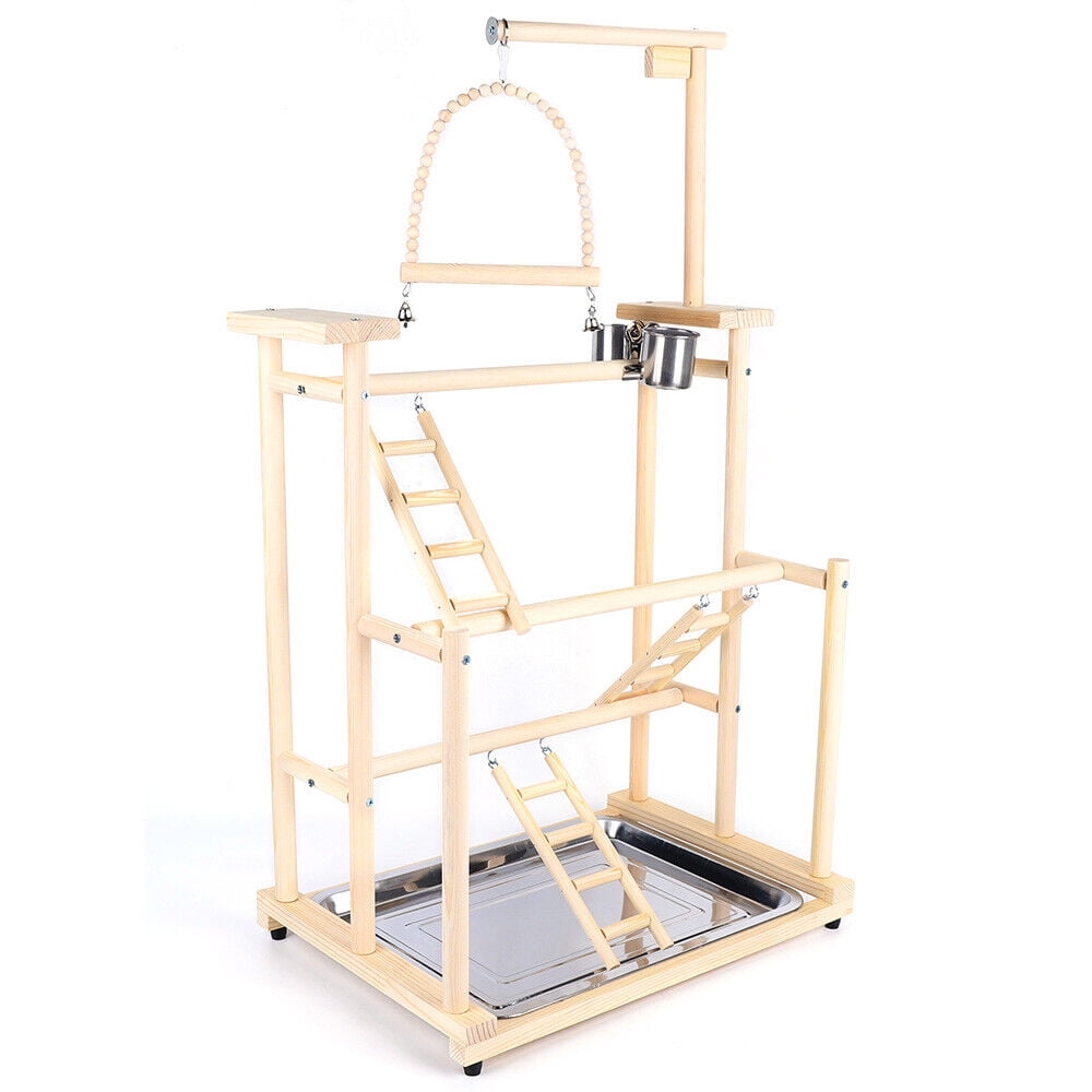 Natural Wood Three-Layer Bird Playground with Swing and Ladder