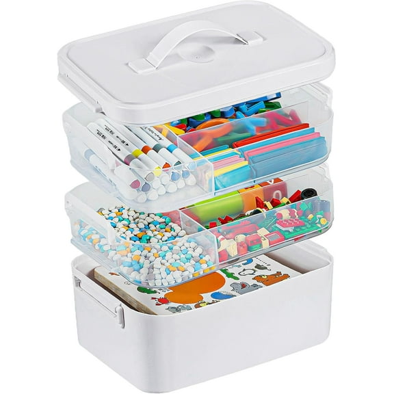 3-Layer Plastic Craft Organizers and Storage Box with Removable Trays, Storage Containers with lids and Handle, Art Supply Storage Organizer for Organizing Bead, Sewing, Tool