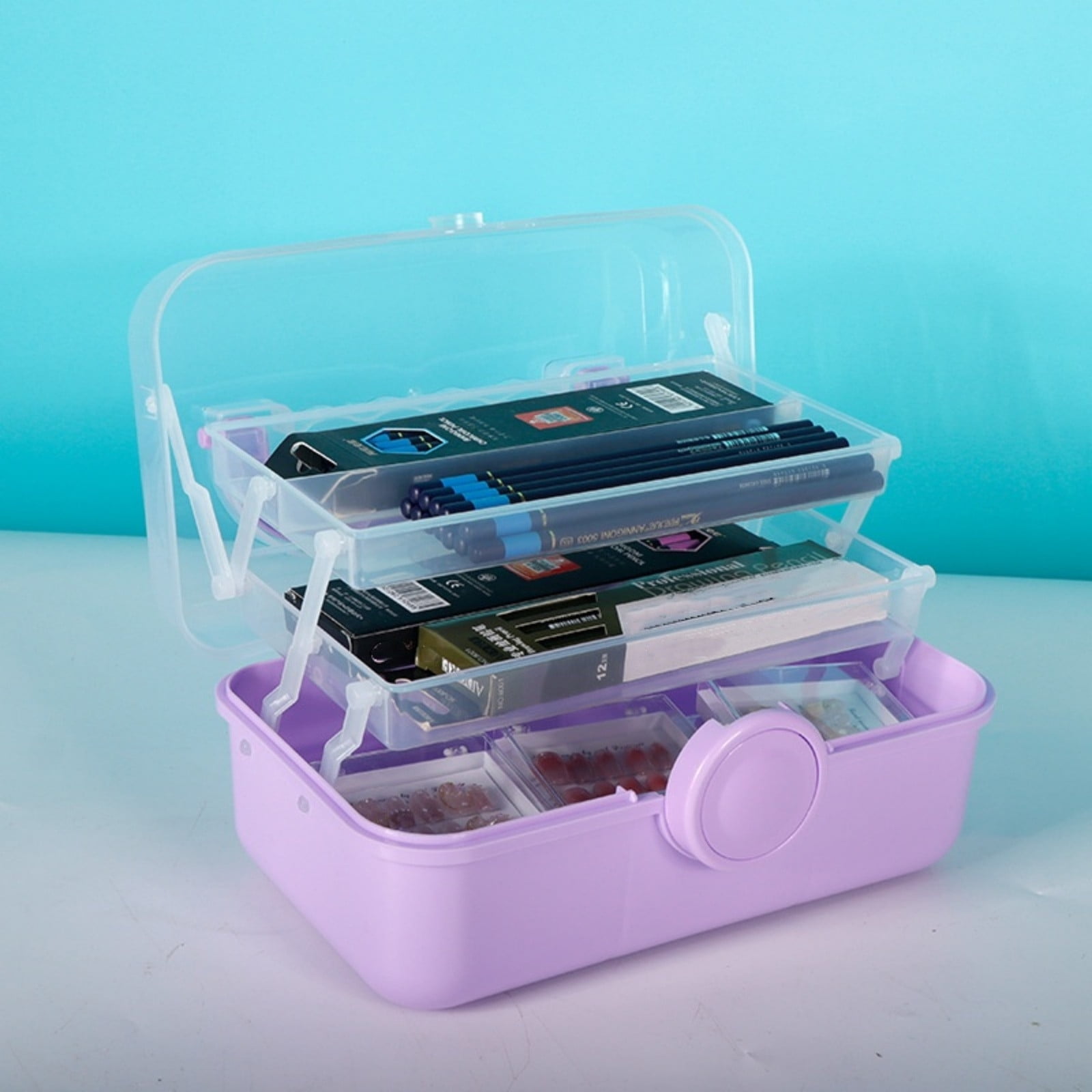 clear tackle box or craft box for medication storage Large Capacity 3-Layer with Handle, Cantilever Portable & Case Organizer, Folding Plastic Medicine Box Sewing Supplies, Makeup, Nail, Hair Accessories (Blue) and features a locking latch to keep your supplies secure during transport Project Partners Plastic Adjustable Storage