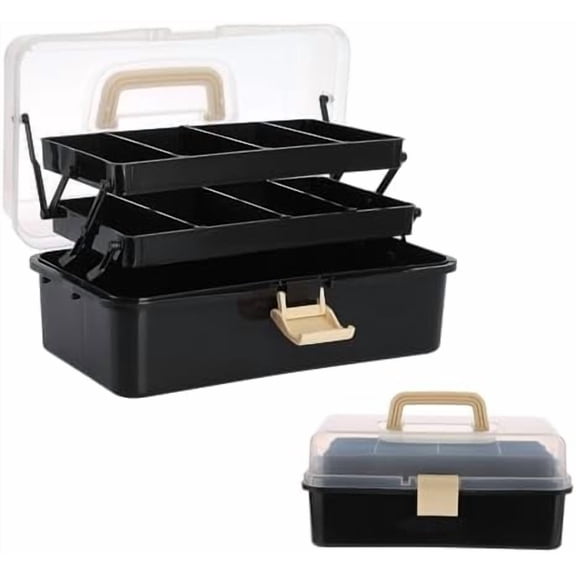 3-Layer Plastic Dividing Storage Box Craft Organizer with Adjustable Spacers Portable Handled Art Supply Organizer Multipurpose Home Utility Box for Sewing (Black+Beige)