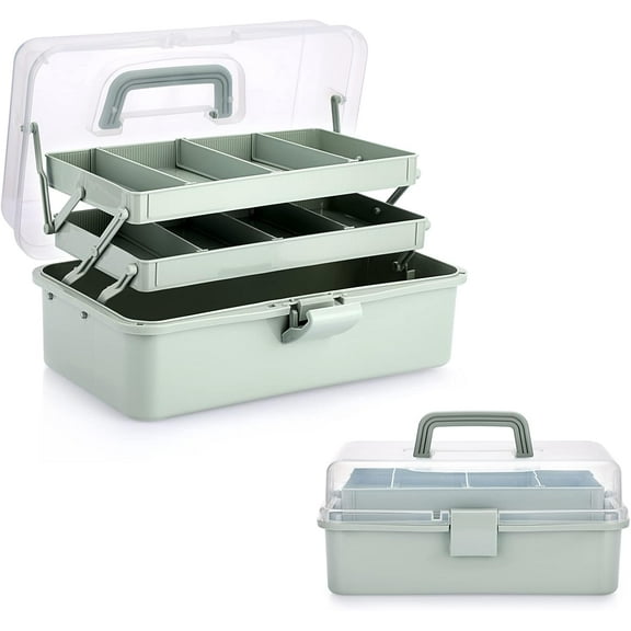 3-Layer Plastic Dividing Storage Box Craft Organizer and Storage with Adjustable Spacers Portable Handled Art Supply Organizer Multipurpose Home Utility Box for Medicine Sewing(Haze Green)