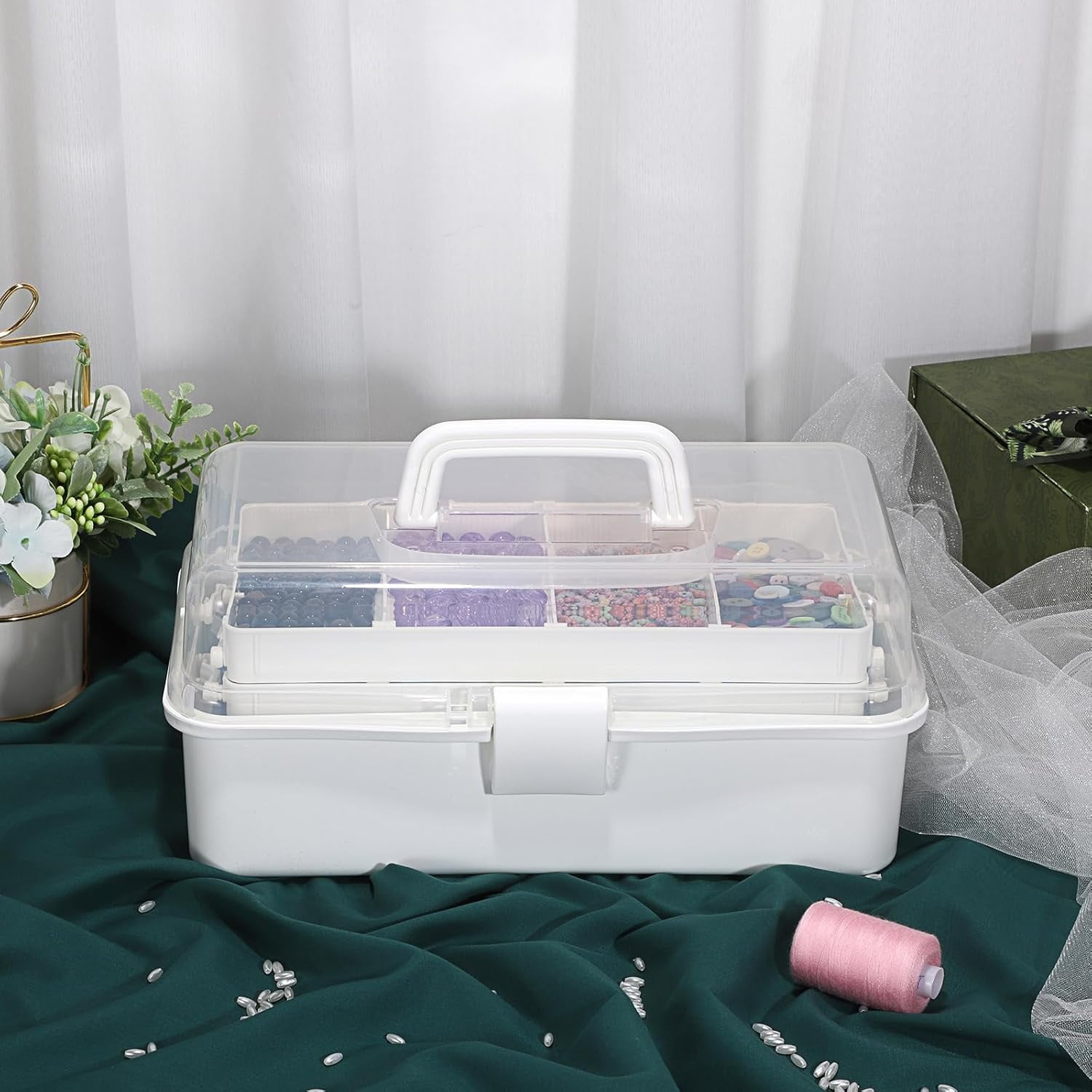 3-Layer Plastic Dividing Storage Box Craft Organizer and Storage with Adjustable Spacers Portable Handled Art Supply Organizer Multipurpose Home Utility Box for Medicine Sewing(Haze Green)