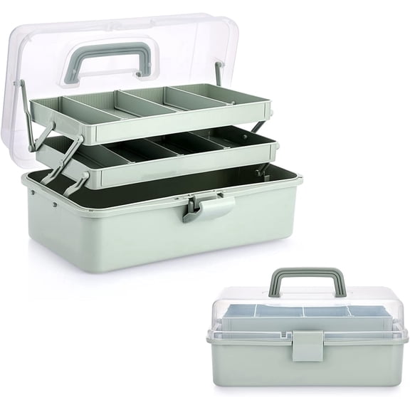 3-Layer Plastic Dividing Storage Box Craft Organizer and Storage with Adjustable Spacers Portable Handled Art Supply Organizer Multipurpose Home Utility Box for Medicine Sewing(Haze Green)