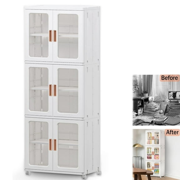 3 Layer Plastic Storage Cabinet , Stackable Storage Bins with Doors and Wheels, Foldale Bathroom Storage Cabinet, Clothing organization and storage, Suitable Kitchen Living Room Dormitory