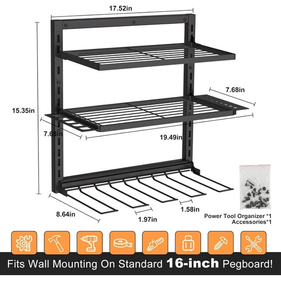 3 Layer Power Tool Organizer Wall Mount with Drill Holders, Heavy Duty Metal Garage Storage Shelf for Workshop Shed