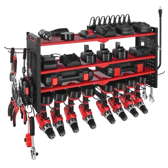 3-Layer Power Tool Organizer w/ Charging Station, 4 Drill Holders & Side Pegboard, 8-Outlet Strip for Garage/Workbench