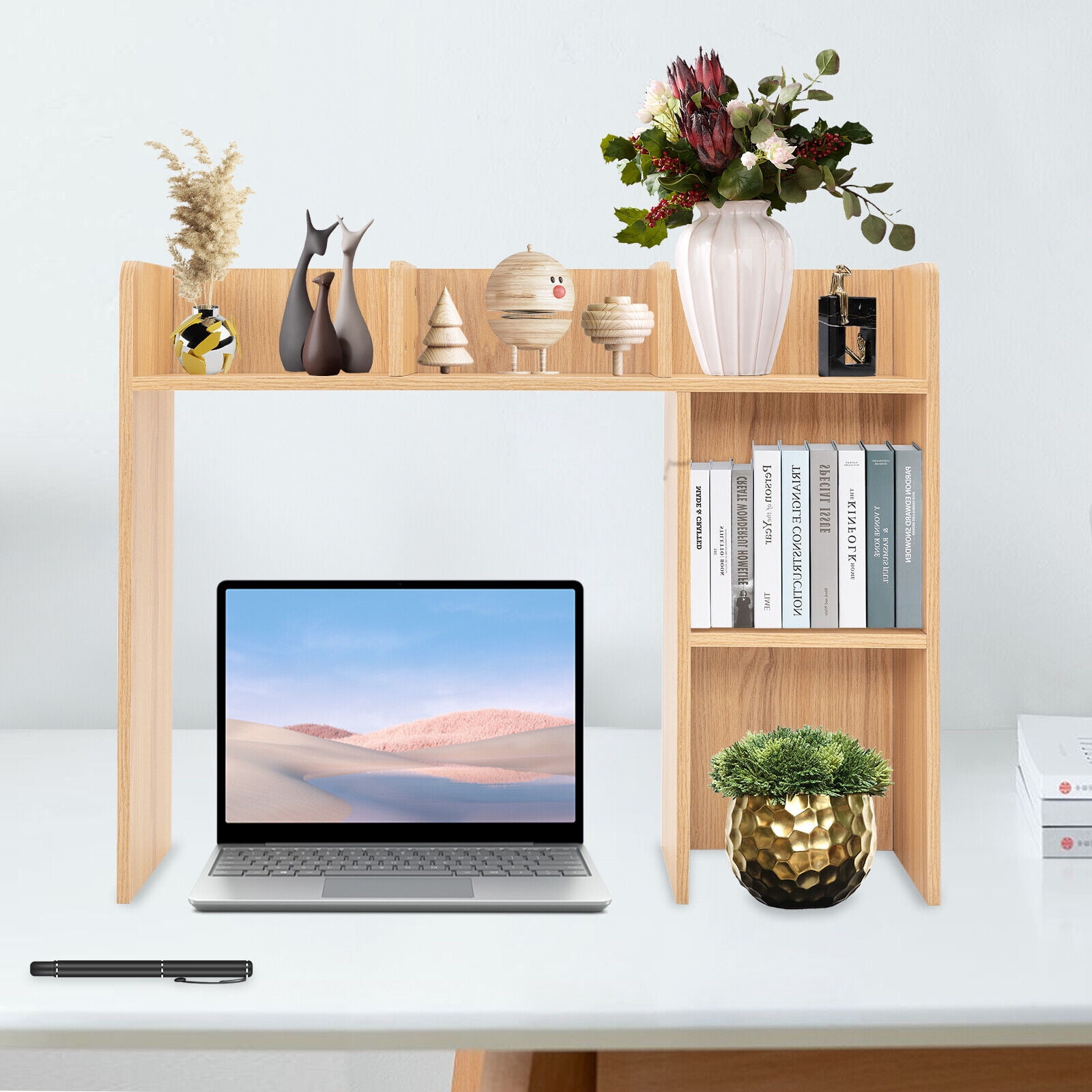 3 Layer Rectangle Desk Bookshelf Organizer, Wood Office Desk Bookshelf Holder, Desktop Storage Rack Shelf