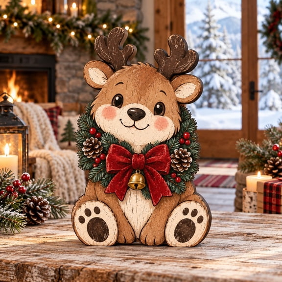 3 Layer Reindeer Stand with Evergreen Wreath, Wooden Tabletop Display for Christmas