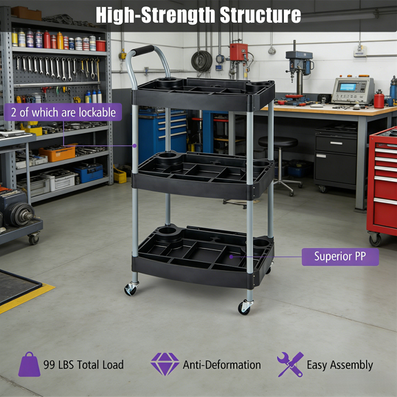 3 Layer Rolling Tool Cart with Lockable Universal Wheels&Multiple Dividers,Heavy Duty Utility Service Cart with PP Shelves Garage Workshop Organizer for Detailing Supplies Makeup Art Storage