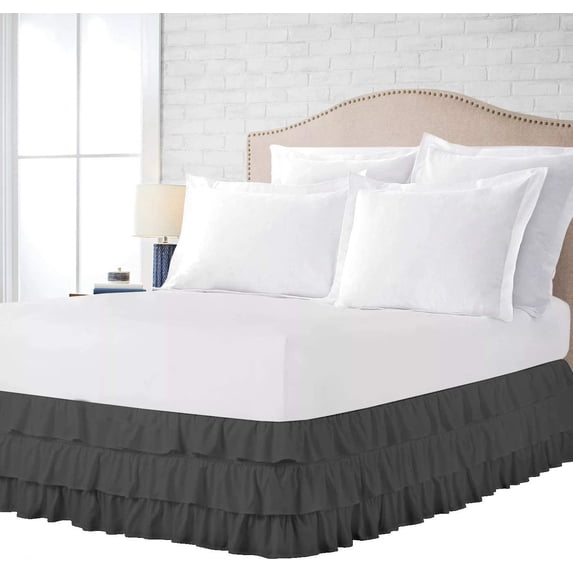 3 Layer Ruffled Bedskirt, Essy Care - 100% Microfiber Fabric, 3 Layer Ruffled Bed Skirt Cal King Size College 3 Layer Ruffled Bed Skirt 14" Drop - Dark Gray Solid.
