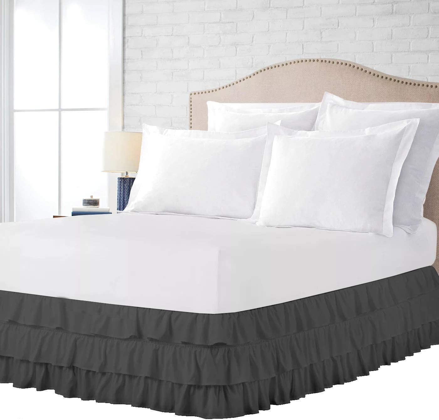 3 Layer Ruffled Bedskirt, Essy Care - 100% Microfiber Fabric, 3 Layer Ruffled Bed Skirt Cal King Size College 3 Layer Ruffled Bed Skirt 22" Drop - Dark Gray Solid.
