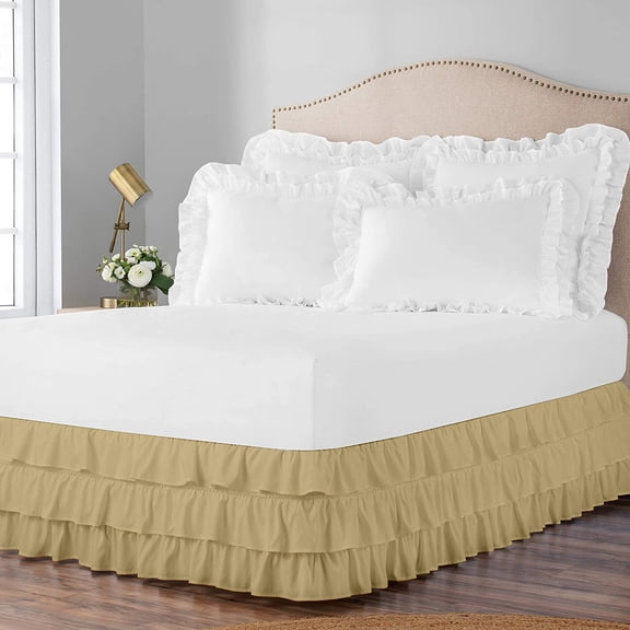 3 Layer Ruffled Bedskirt, Essy Care - 100% Microfiber Fabric, 3 Layer Ruffled Bed Skirt Olympic Queen Size College 3 Layer Ruffled Bed Skirt 18" Drop - Taupe Solid.