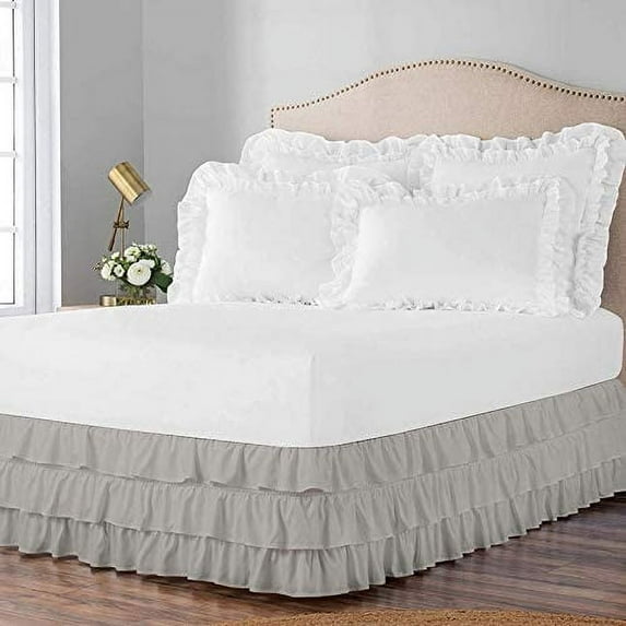 3 Layer Ruffled Bedskirt, Essy Care - 100% Microfiber Fabric, 3 Layer Ruffled Bed Skirt Queen Size College 3 Layer Ruffled Bed Skirt 22" Drop - Light Grey Solid.