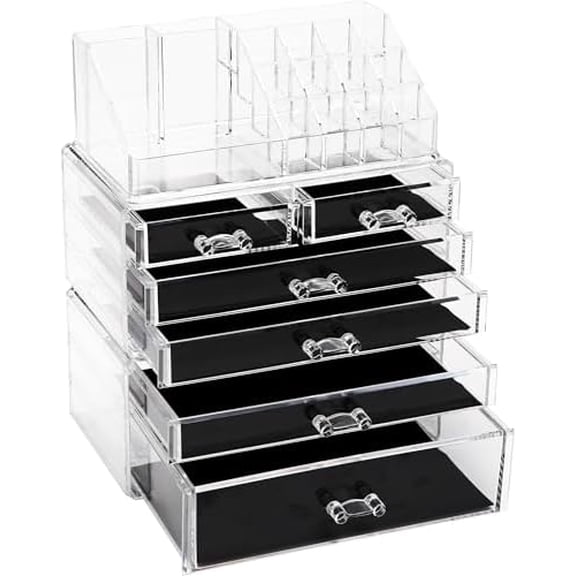 3-Layer Stackable Clear Makeup Organizer with Drawers, Acrylic Plastic Cosmetic Display Case, Jewelry Storage Box for Dresser, Bathroom, Vanity, Countertop (6 Drawers, 1 Lipstick Holder)