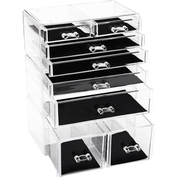 3-Layer Stackable Clear Makeup Organizer with Drawers, Acrylic Plastic Cosmetic Display Case, Jewelry Storage Box, Holder for Dresser, Bathroom, Vanity, Countertop (8 Drawers)