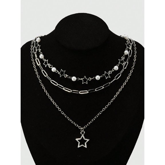 3-Layer Star Pendant Necklace Set With Pearls In Standard Silvertone