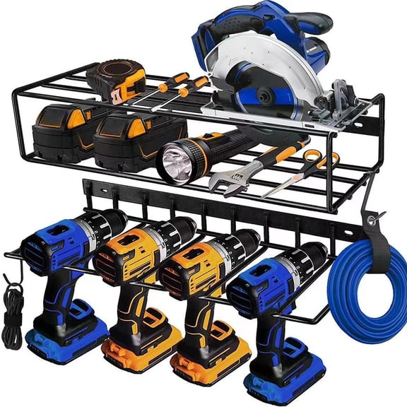 3 Layer Steel Power Tool Organizer With 4 Drill Holders And Floating Shelf, Wall Mounted Storage Rack For Garage Or Workshop, Includes Screws And Anchors, Black