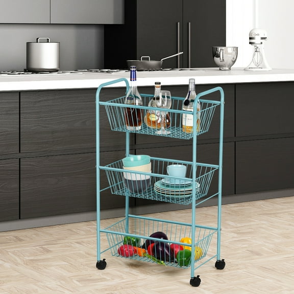 3-Layer Storage Basket Rack Metal Rolling Trolley For Kitchen Storage Cart, Blue
