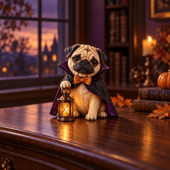 3 Layer Tabletop Decor, Halloween Vampire Pug with Lantern, Wooden Accent for Dog Lovers