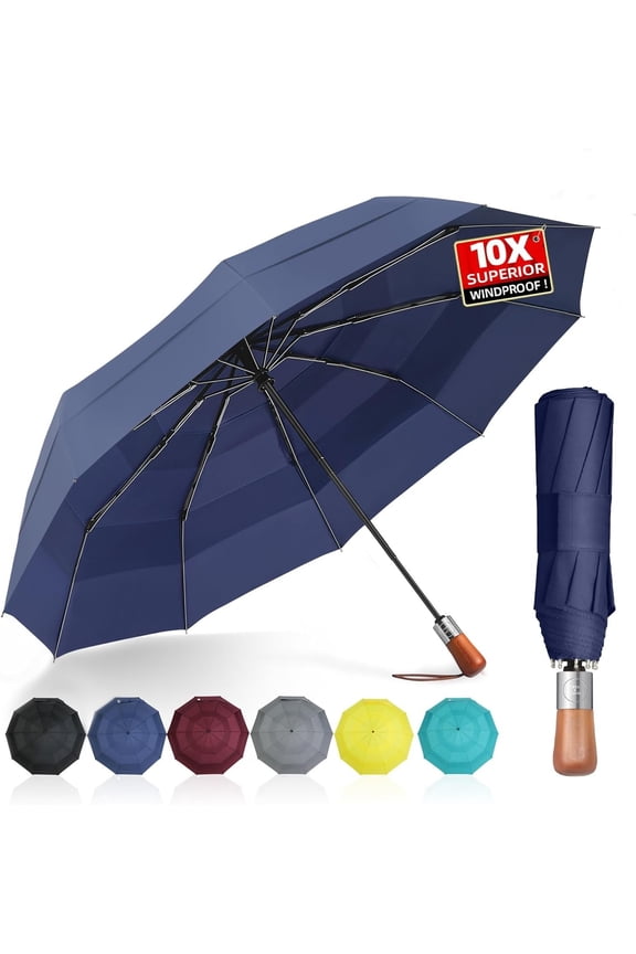 3-Layer Vented Canopy Windproof Commuter Umbrella for Rain, Auto Open/Close, 10 Fiberglass Ribs, Wooden Handle, 13" Folded, " Large Coverage for 1-2 People, Lifetime Replacement