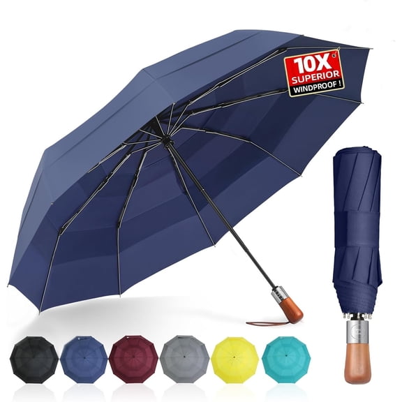 3-Layer Vented Canopy Windproof Commuter Umbrella for Rain, Auto Open/Close, 10 Fiberglass Ribs, Wooden Handle, 13" Folded, " Large Coverage for 1-2 People, Lifetime Replacement
