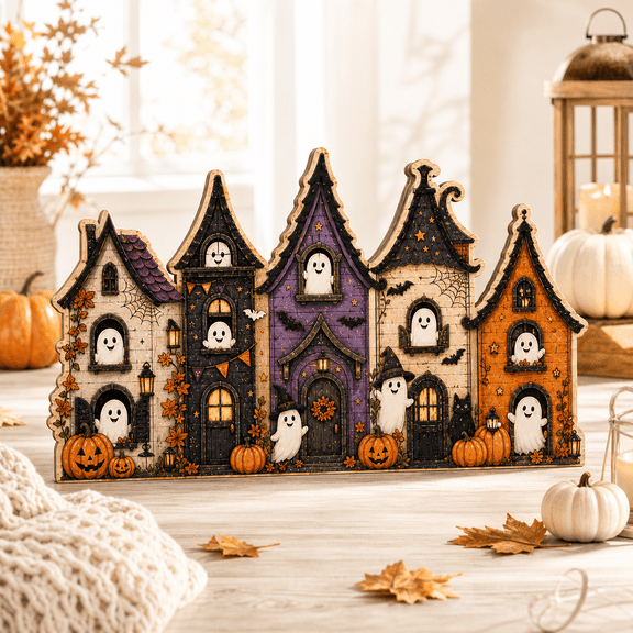 3 Layer Village House Wooden Block Shelf Sitter, Cute Ghost Halloween Decor for Tables