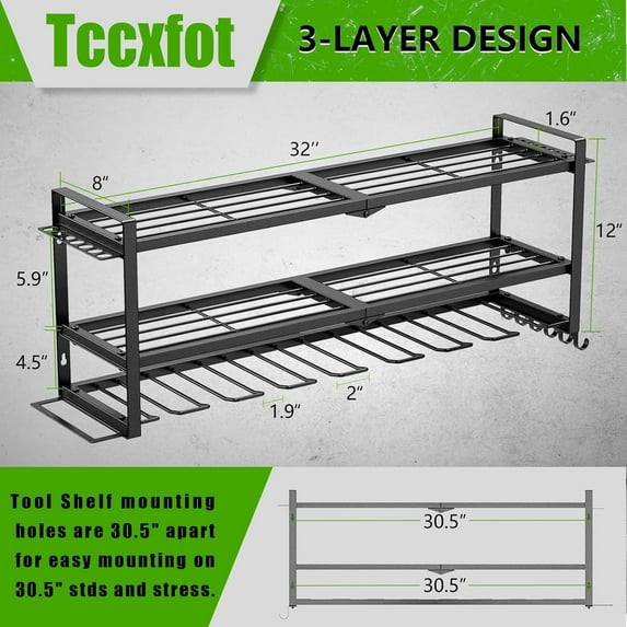 3 Layer Wall Mount Tool Organizer with 8 Drill Slots, Heavy Duty Garage Storage Rack for Tools, Gifts for Men